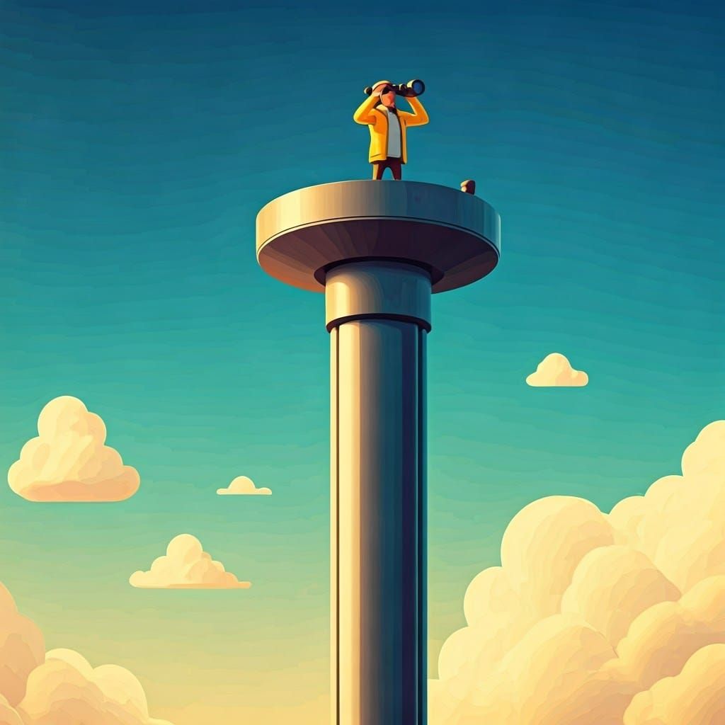 Sleek 3D Observation Tower with Curious Observer