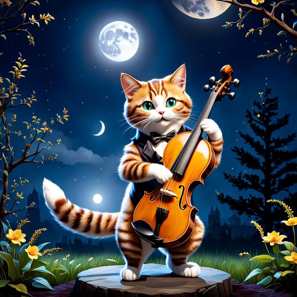 Animatronic Cat Fiddling Under the Moon