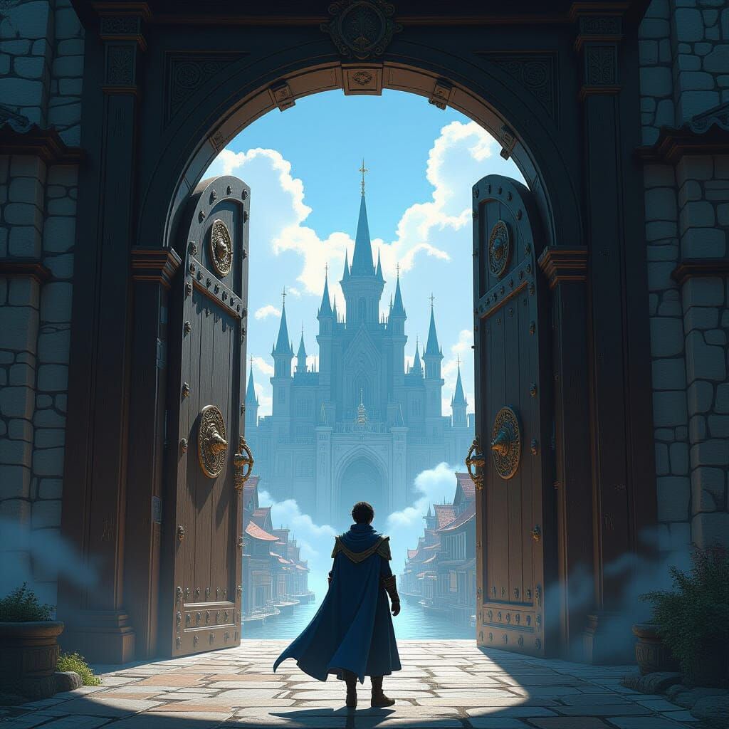 Fantasy Protagonist at Ornate Doorway in Amano Style