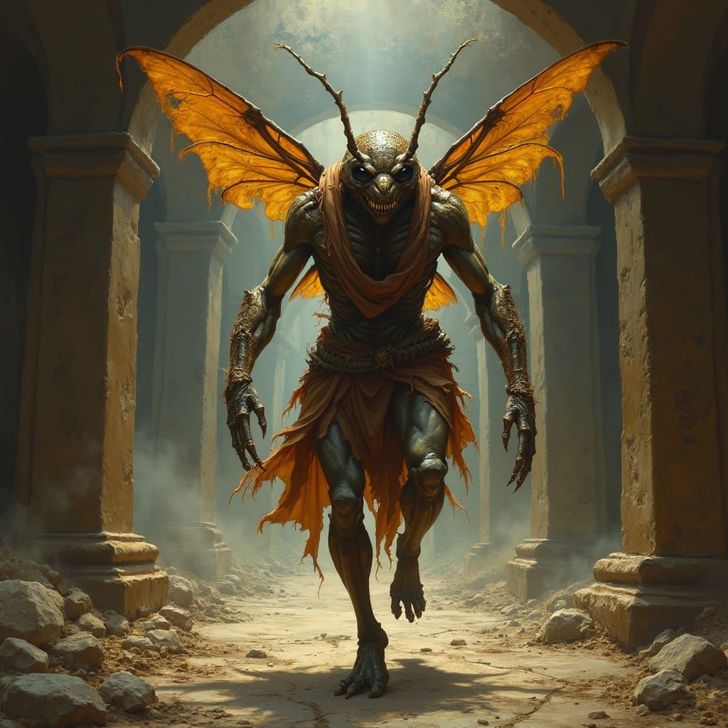 Terrifying Wasp Creature Rampage in Oil Painting Style