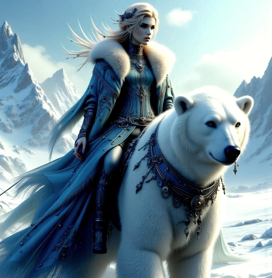 Blonde Beauty on Polar Bear in Art Nouveau Punk