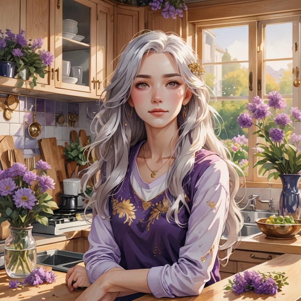 Anime Girl in Kitchen, Watercolor Digital Painting