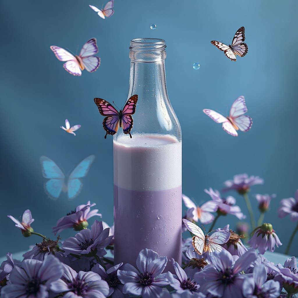 Dreamy Purple Wonderland with Glass Bottle and Butterflies
