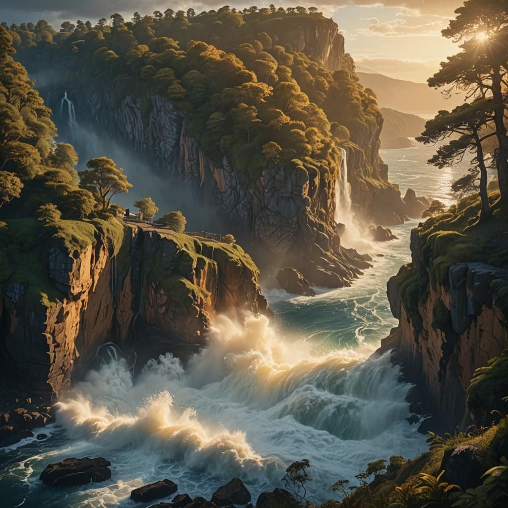 Dramatic Waterfall Digital Matte Painting at Golden Hour