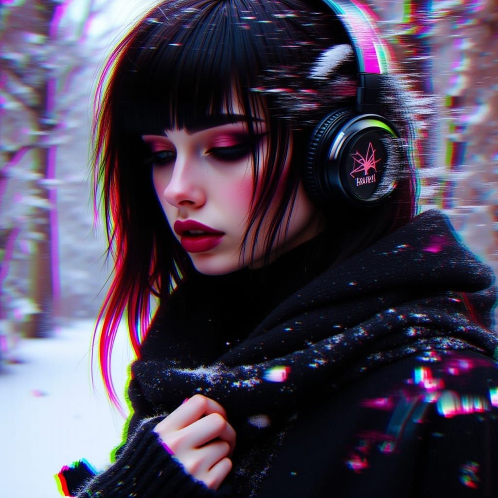 Goth Woman in Winter Snowstorm with Glitch Art Style