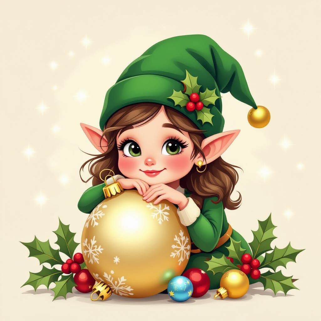 Whimsical Elf Resting Chin on Christmas Ornament Illustratio...