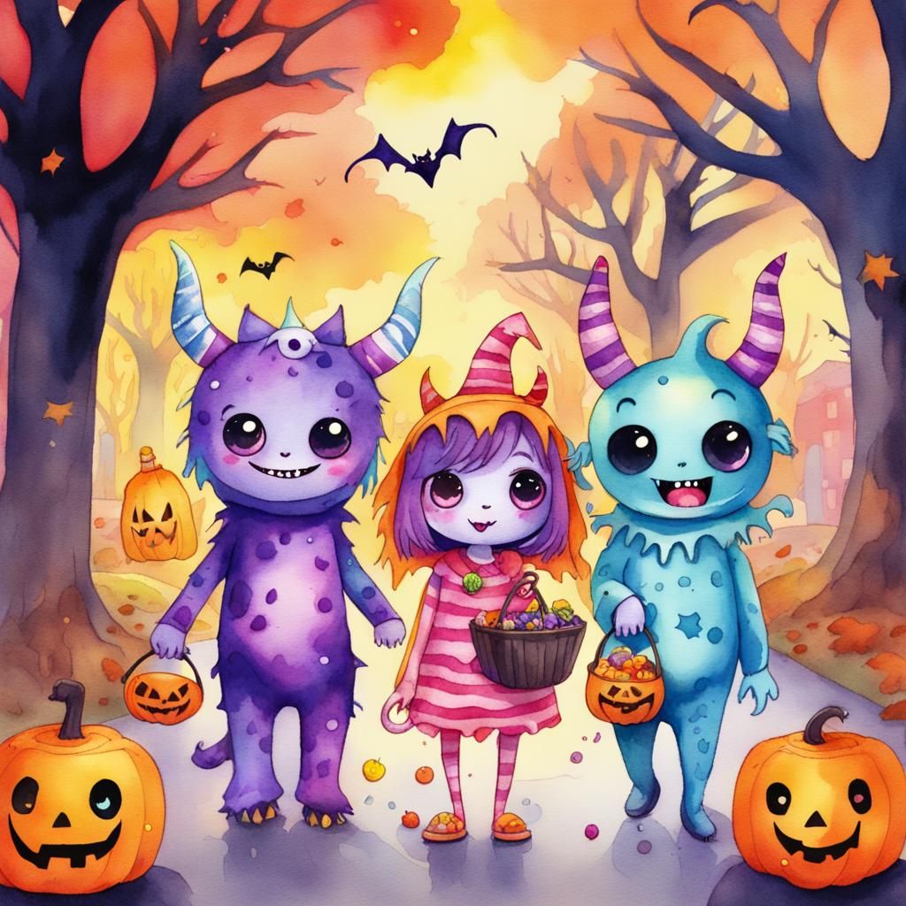 Kawaii Monsters Trick or Treating in Watercolor Style