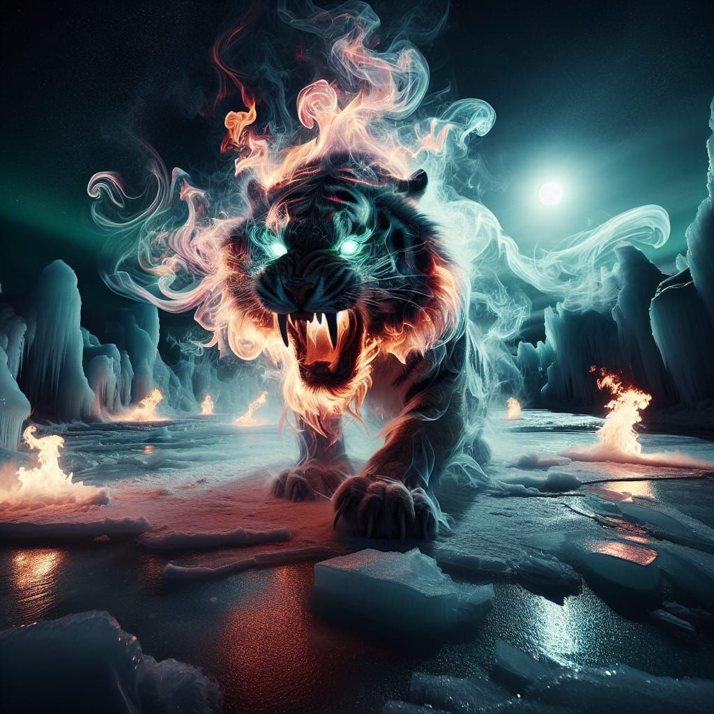 Fiery Tiger Roaring in Arctic Moonlit Landscape