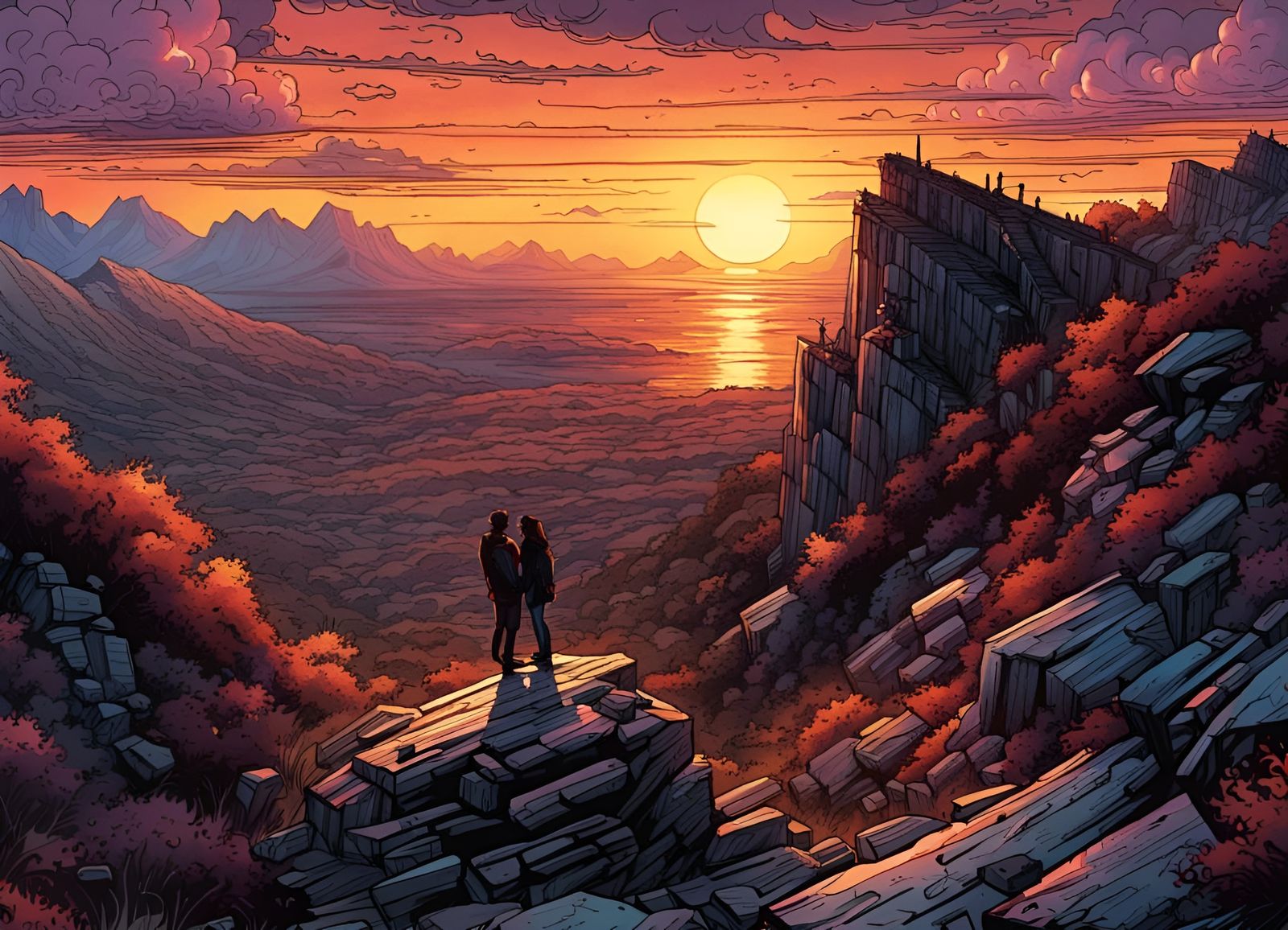 Sunset Mountain Peak in Comic Book Style