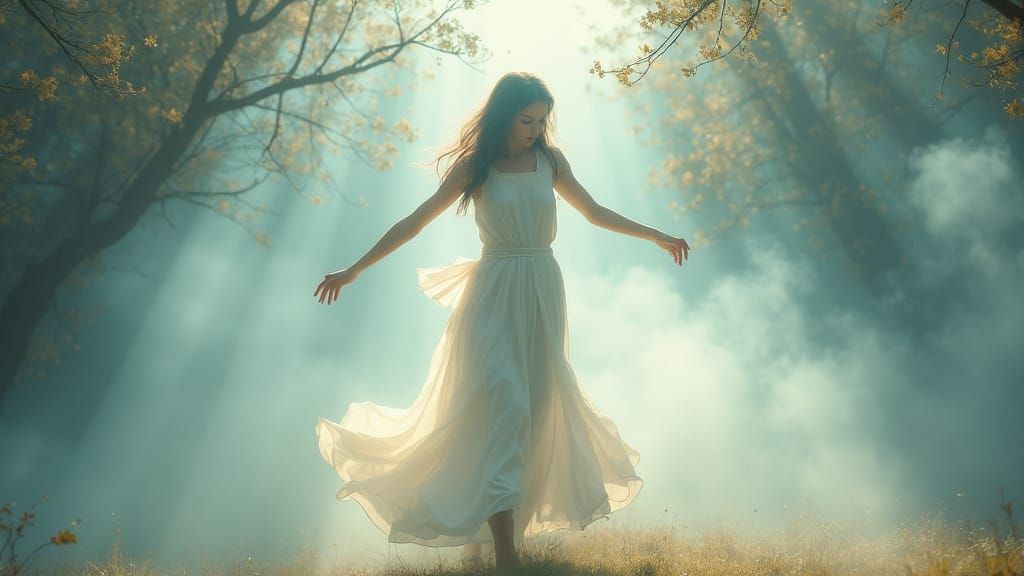 Ethereal Dancer in Dreamlike Morning Scene