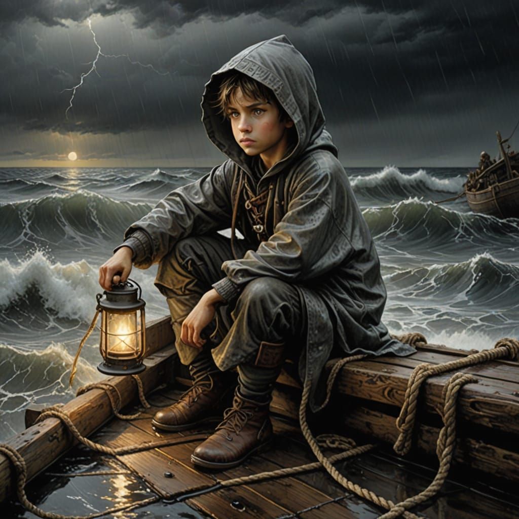 Cinematic Stormy Seascape with Brave Young Adventurer
