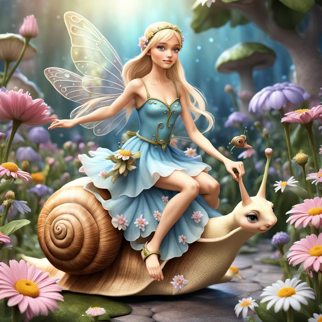 Blonde Fairy Rides Snail in Fantasy 3D Art