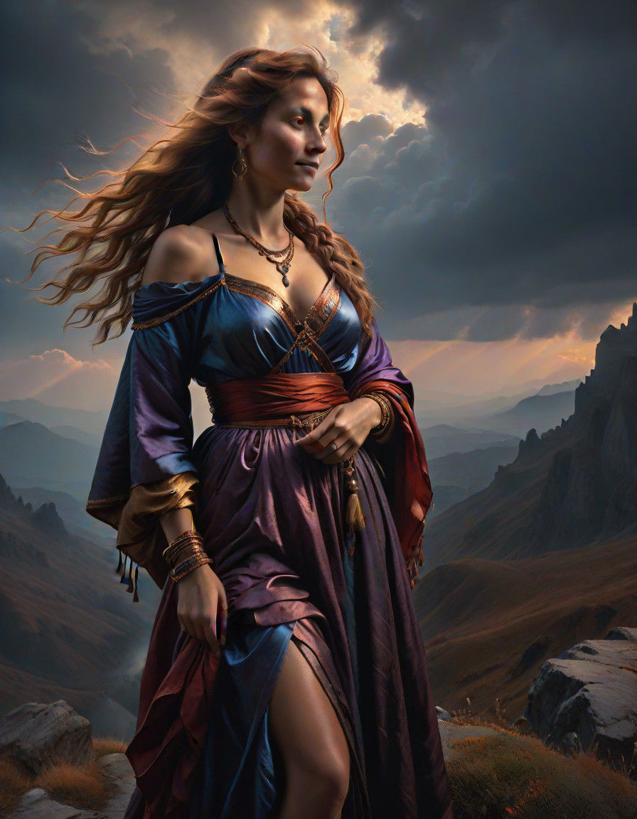 Ethereal Dawn Goddess on a Mountain Peak