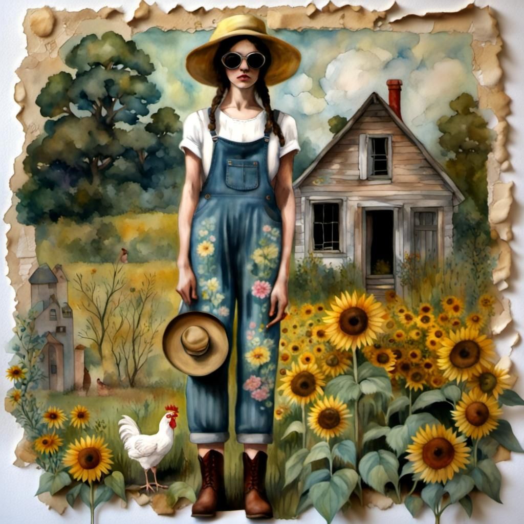 Cottagecore Collage of Woman with Chickens and Sunflowers