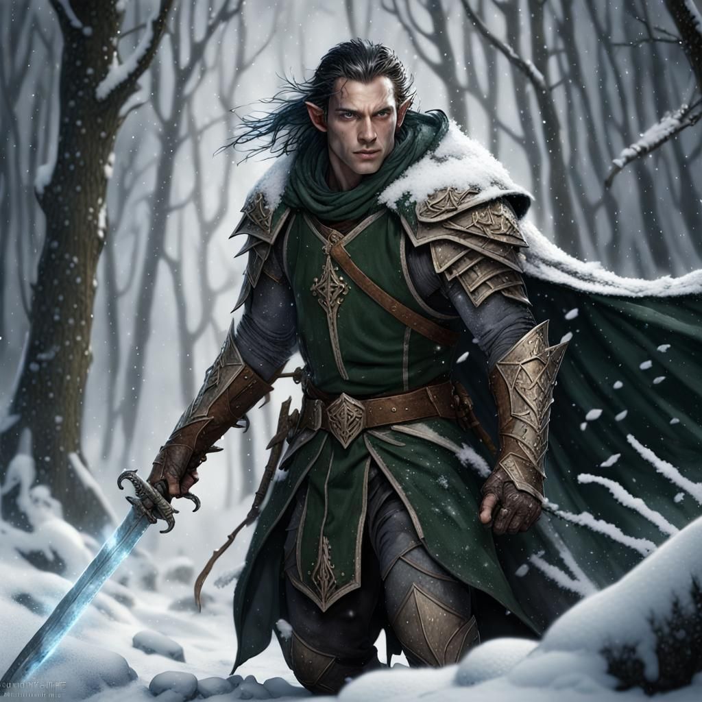 Elf Fighter-Wizard in Snowstorm, Dark Fantasy Art