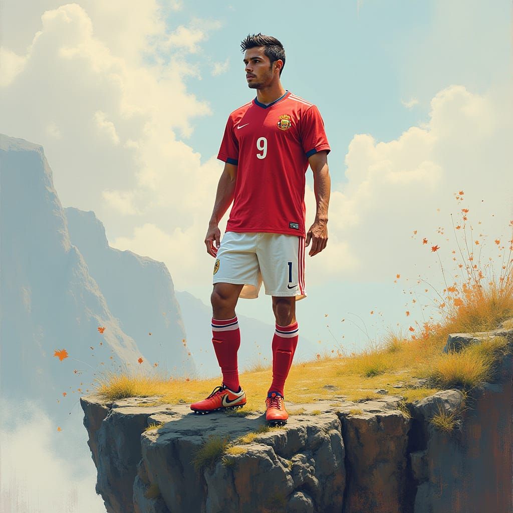 Soccer Star Standing on Rocky Cliff in Vibrant Brushstrokes