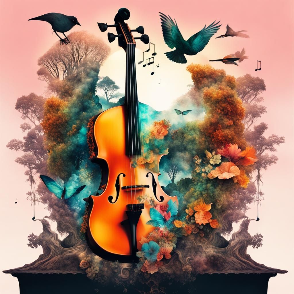 Vibrant Double Exposure Collage of Nature and Music