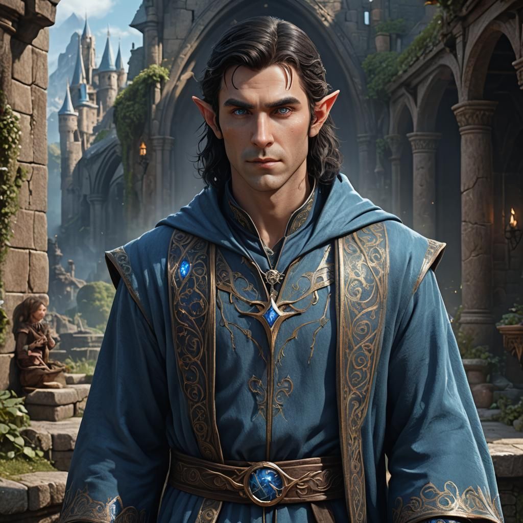 Dark-Haired Elf Sorcerer in Blue Robe
