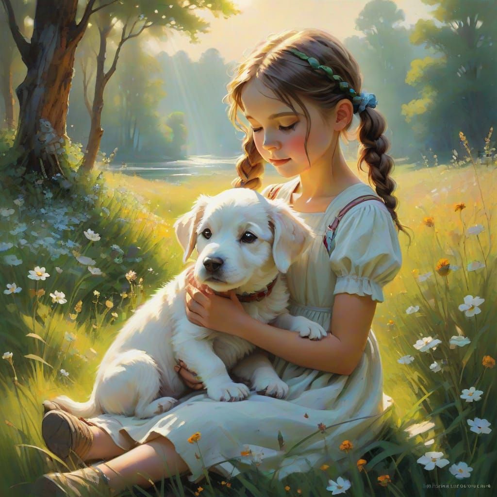 Whimsical Girl with Pigtails and Fluffy Puppy in a Sunlit Me...