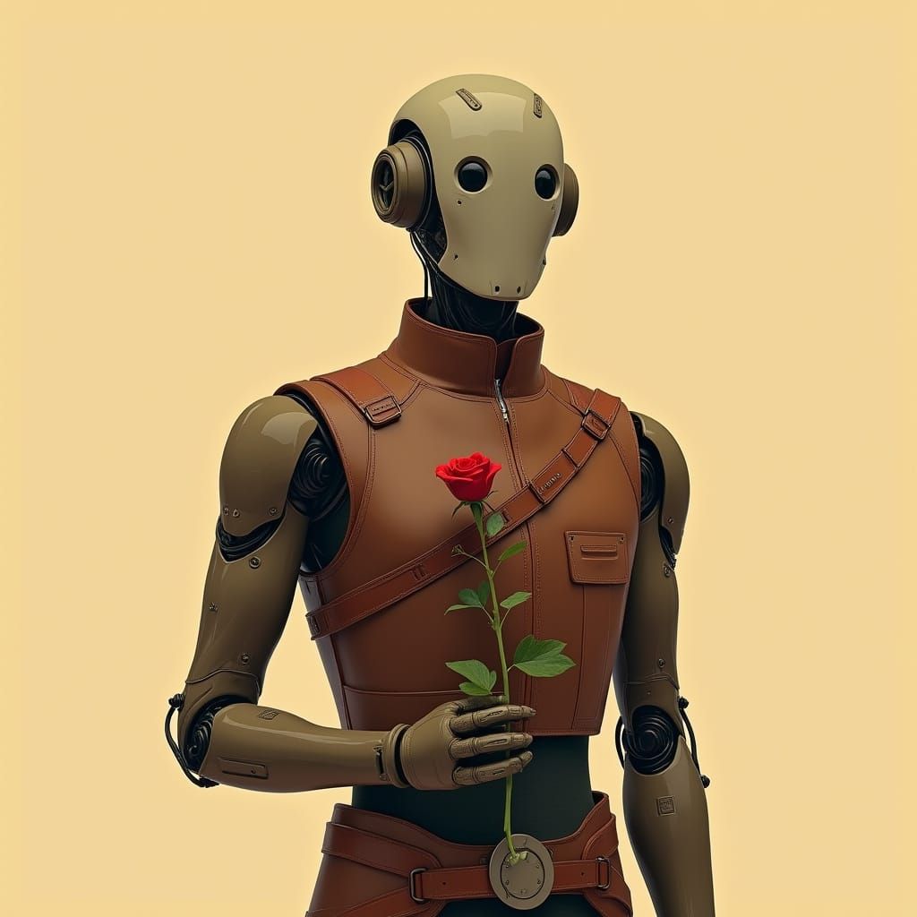 Robot Holding Rose in Warm Earthy Tones