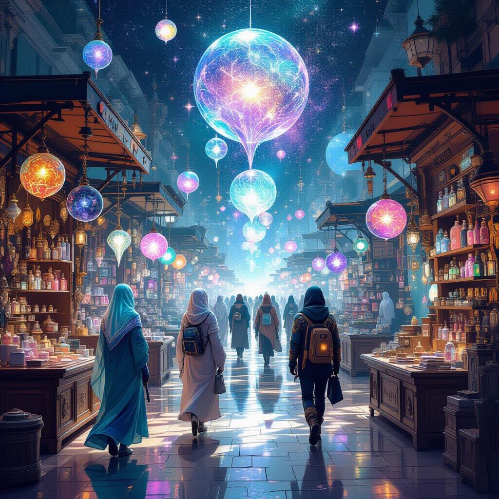 Zero-Gravity Bazaar with Iridescent Vendors in Surreal Sci-F...