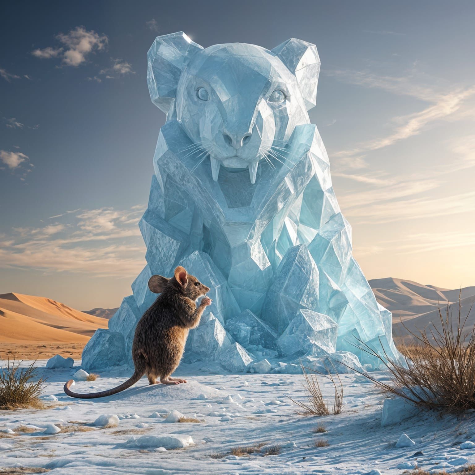 Mouse Creates Ice Statue in Desert: Hyperrealistic Art