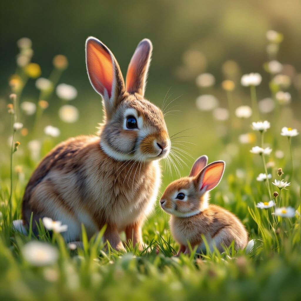 A mother rabbit and her baby in a meadow.