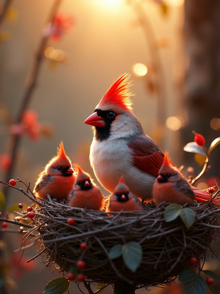 Gothic Cardinal Family in Lush Nest, Hyper-Realistic