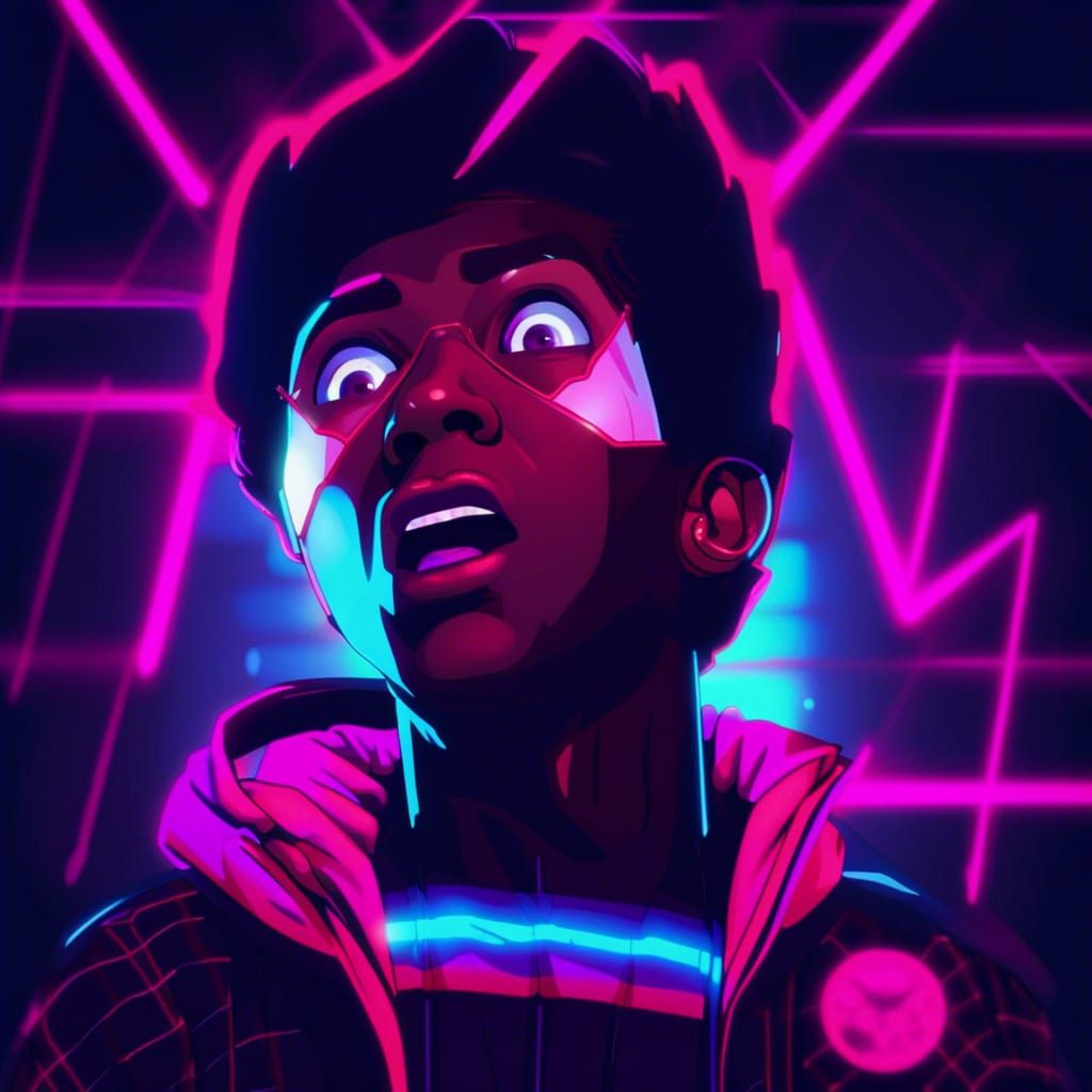 Miles Morales Surprised Face Meme in Synthwave Style