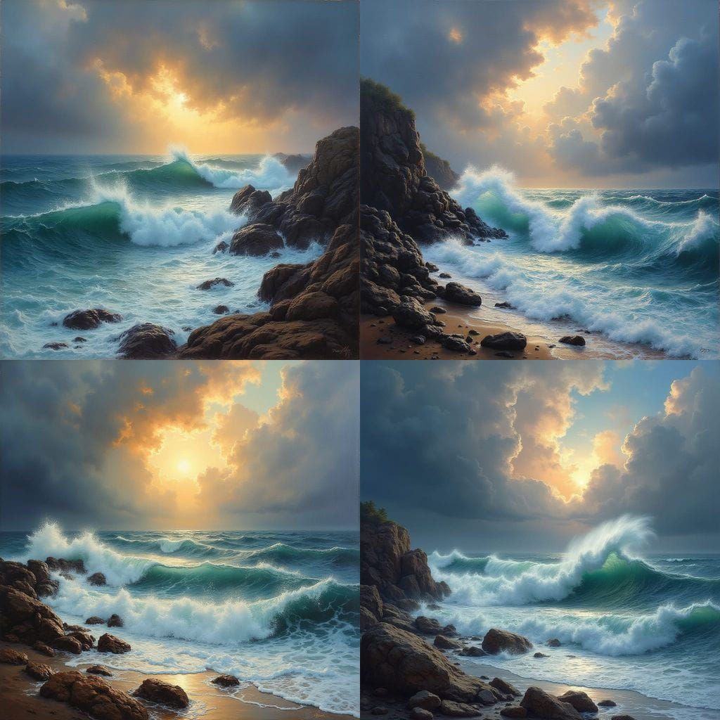 Stormy Sea Oil Painting with Sunlight Breaking Through