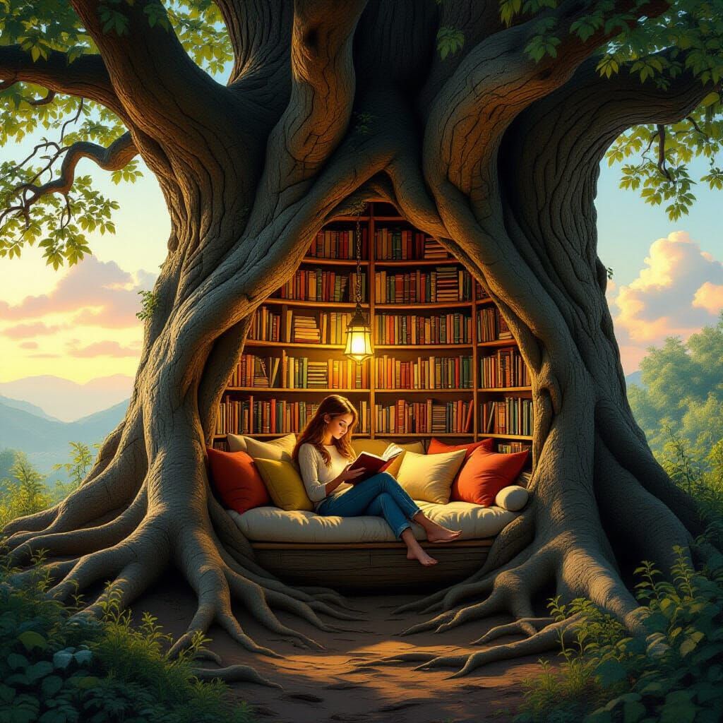 Enchanting Reading Nook in Ancient Tree Roots