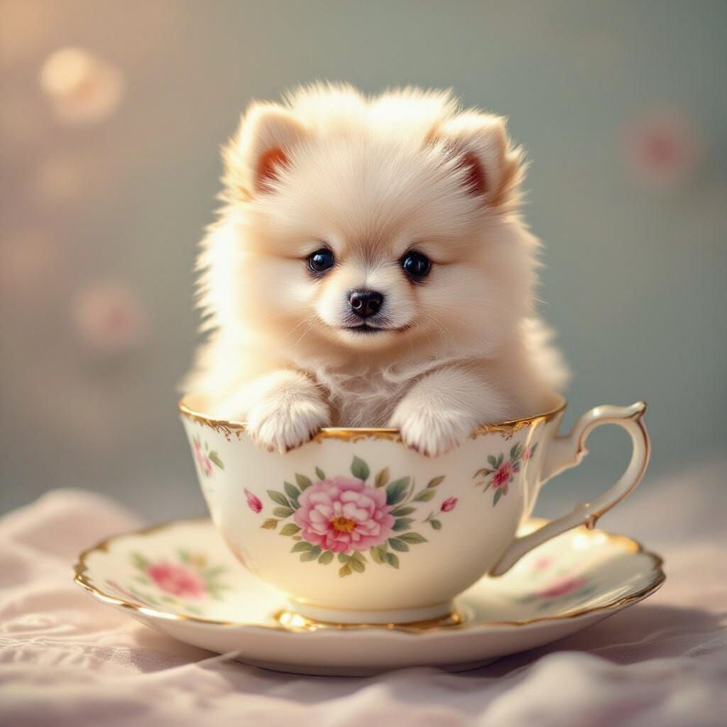 Fluffy Pomeranian Puppy in Teacup, Storybook Illustration St...
