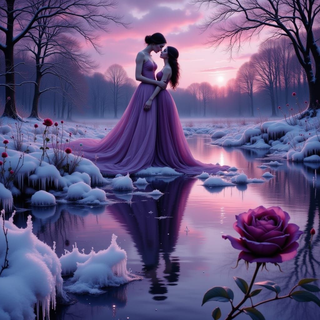 Frozen Lake Reflects Art Nouveau Lovers in Twilight