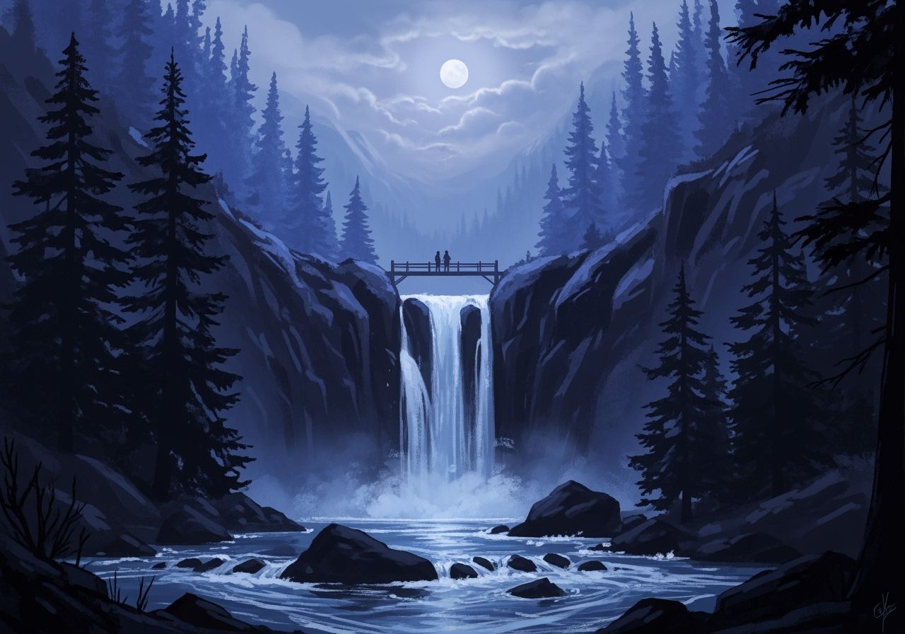 Dramatic Waterfall in Twilight Fantasy Landscape