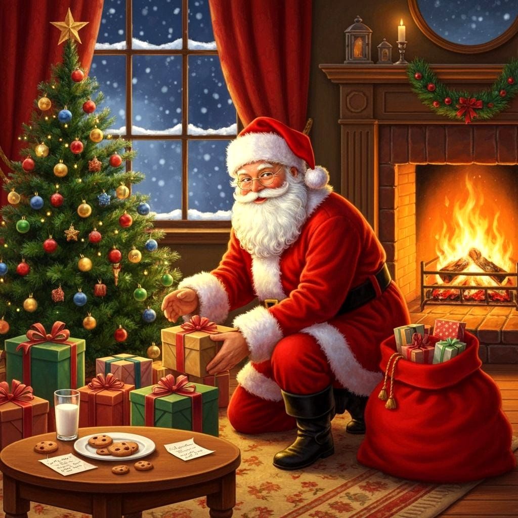 Santa Claus Delivering Gifts on Christmas Eve