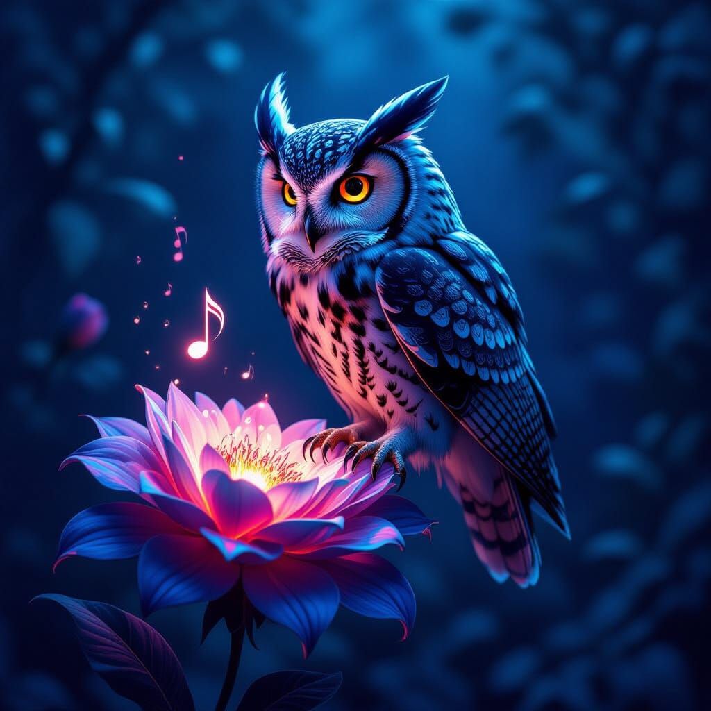 Surreal Owl of Music Notes on Bioluminescent Flower