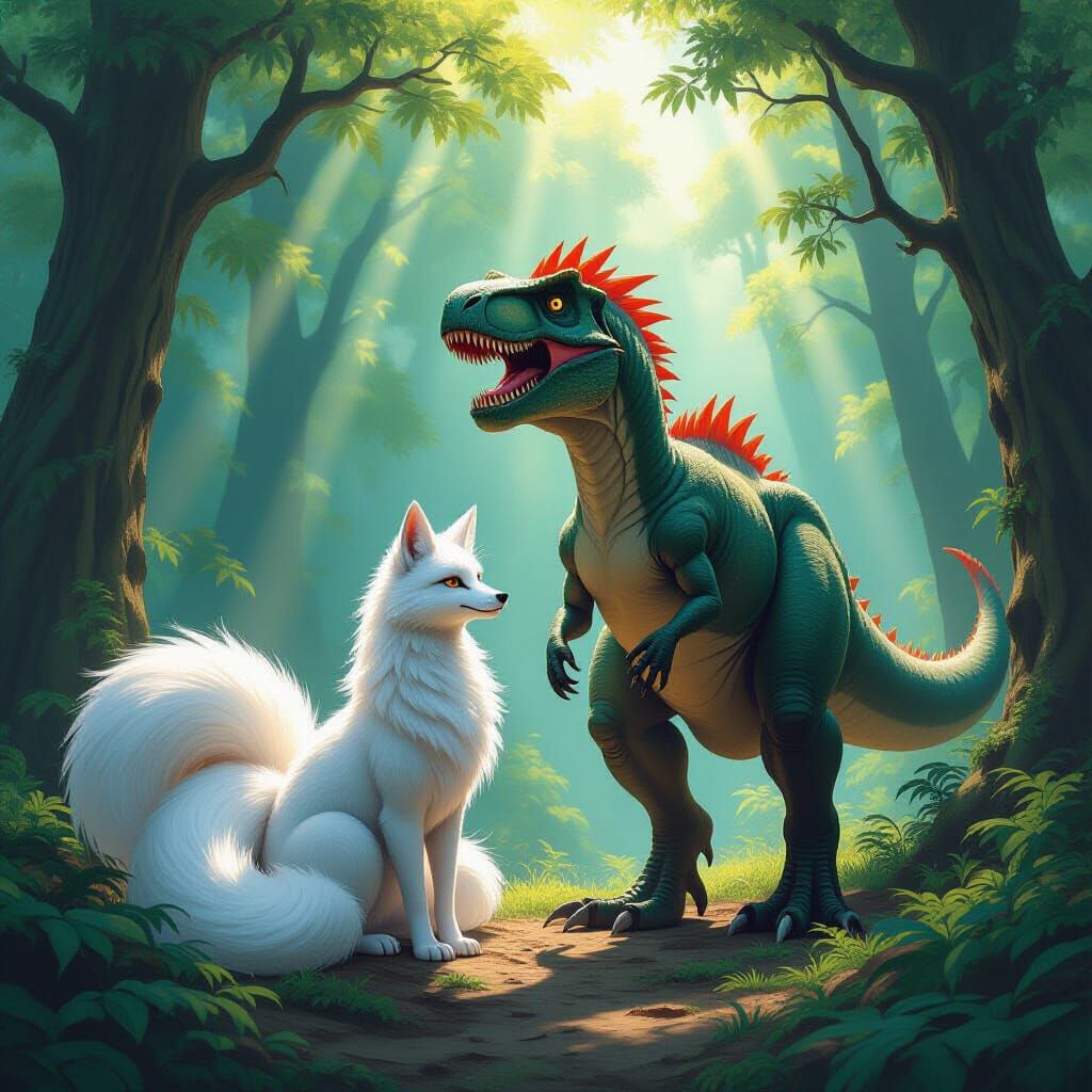 Kitsune & T-Rex in Mystical Forest Fantasy Illustration