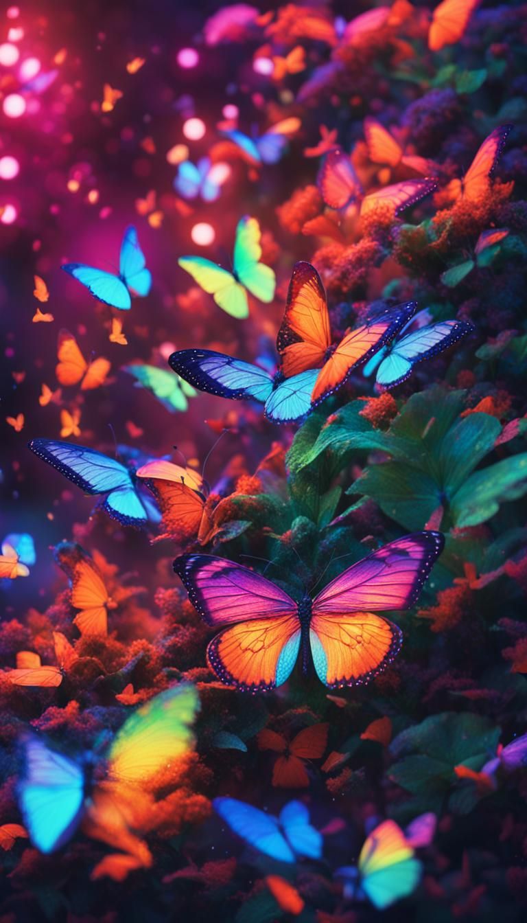 Neon Butterflies in Surreal Fauvist Garden