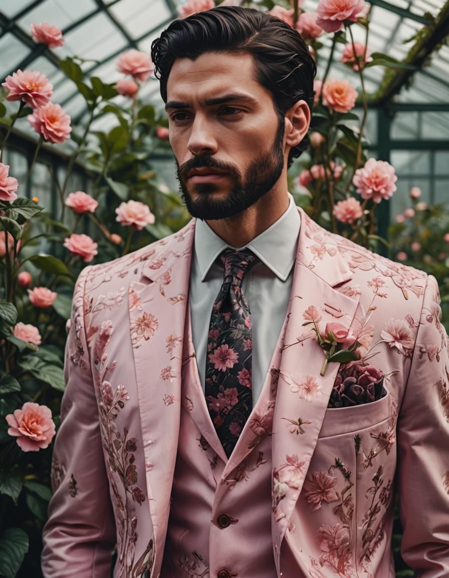 Man in Pink Suit Portrait in Greenhouse