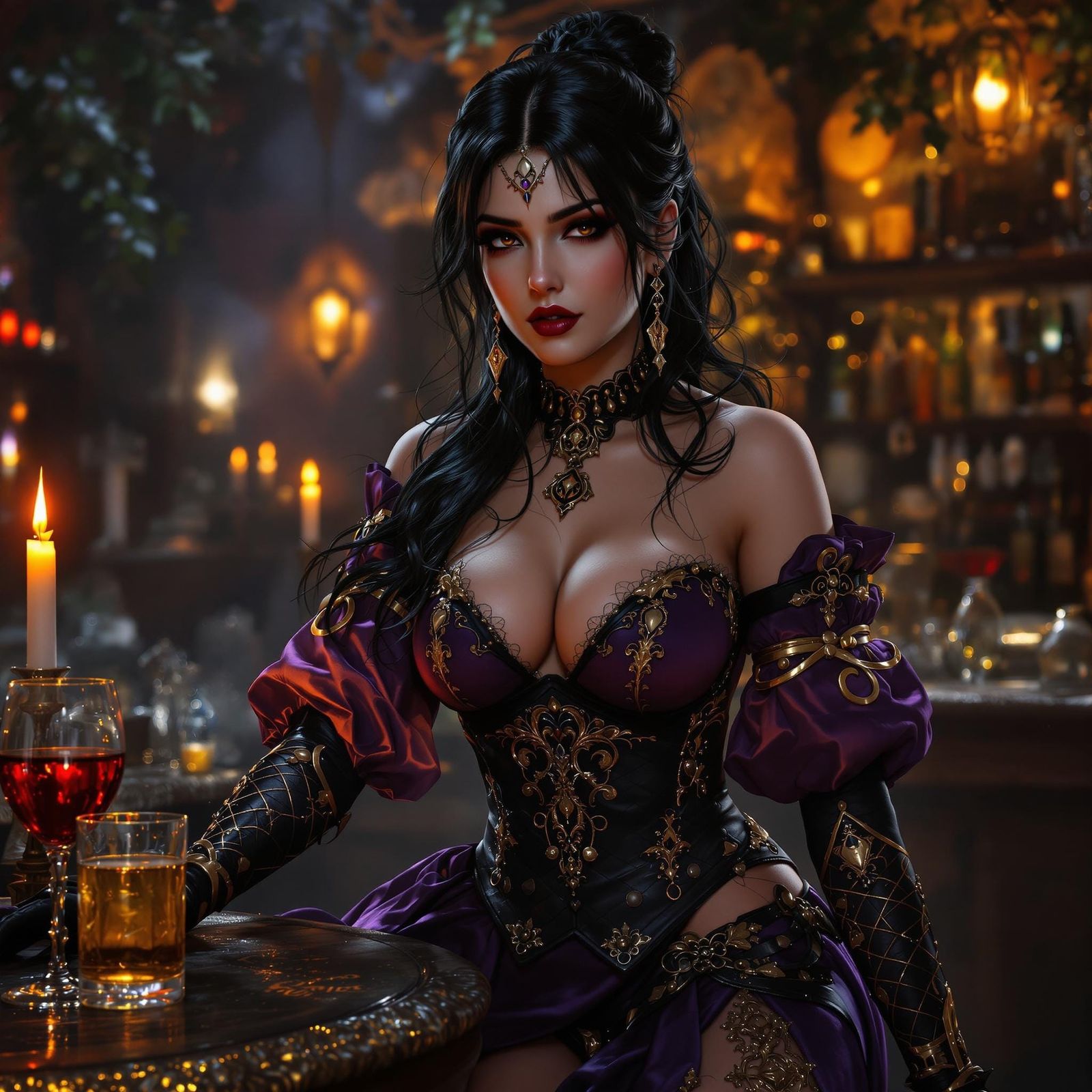Elegant Tavern Barmaid in Opulent Velvet and Leather Attire
