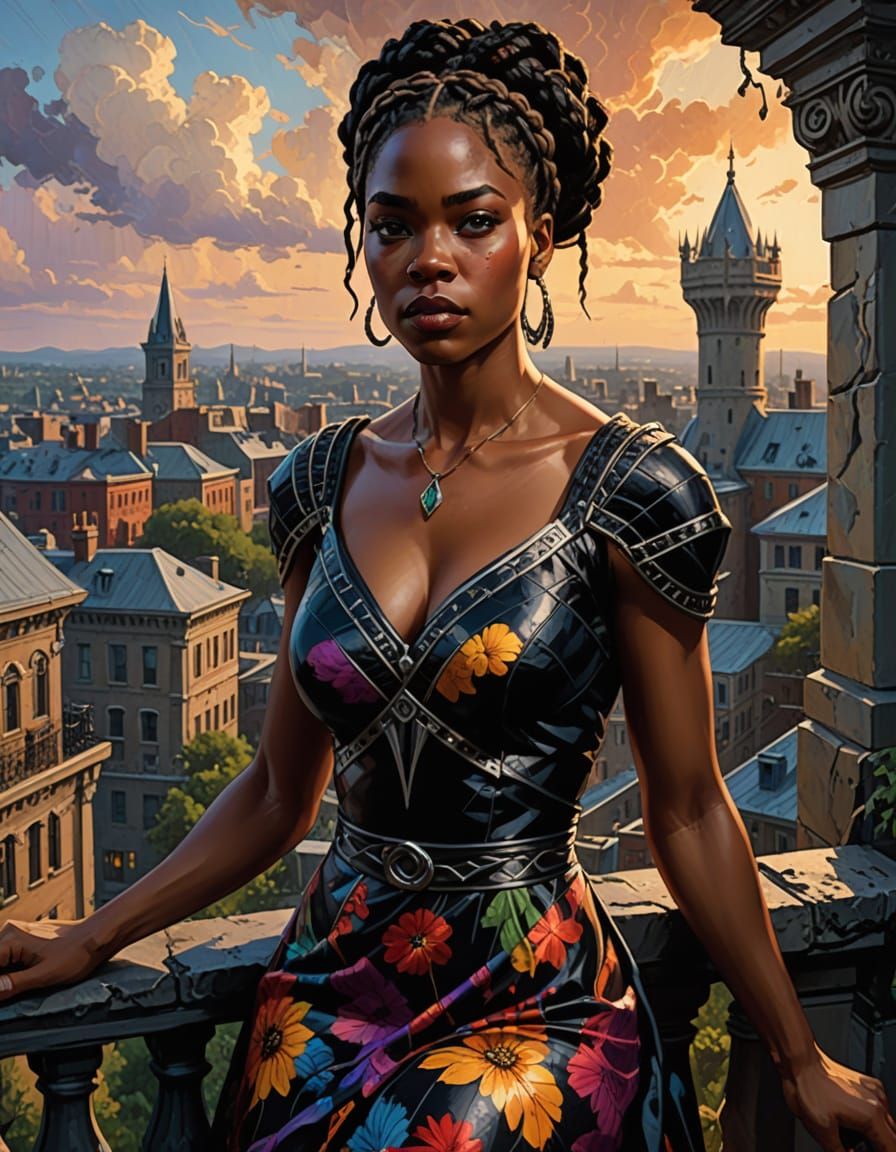 Gothic Black Woman on Turret Balcony with Panther