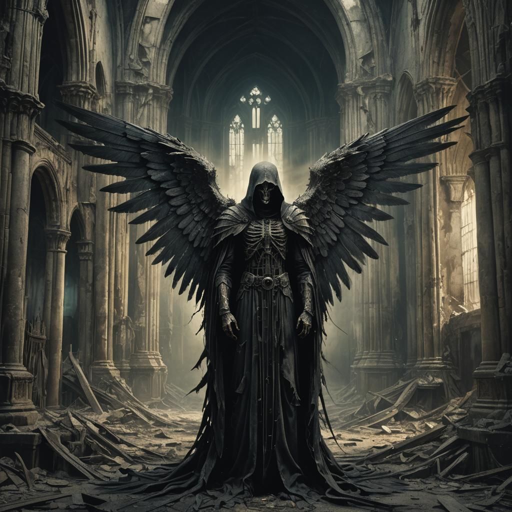 Gothic Angel of Death in Ruined Church
