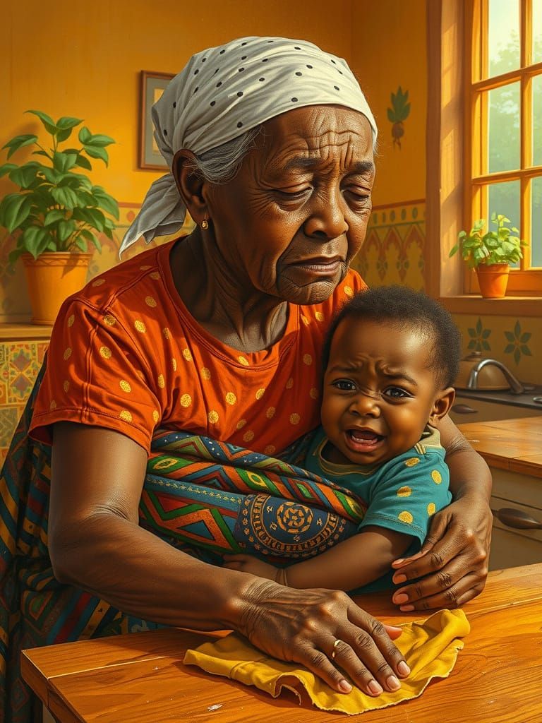 Elderly African Grandmother Crying While Caring for Grandchi...