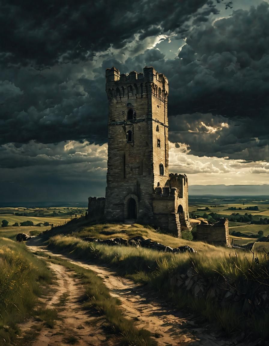 Historic Watchtowers Guarding Landscape in Dark Fantasy Styl...