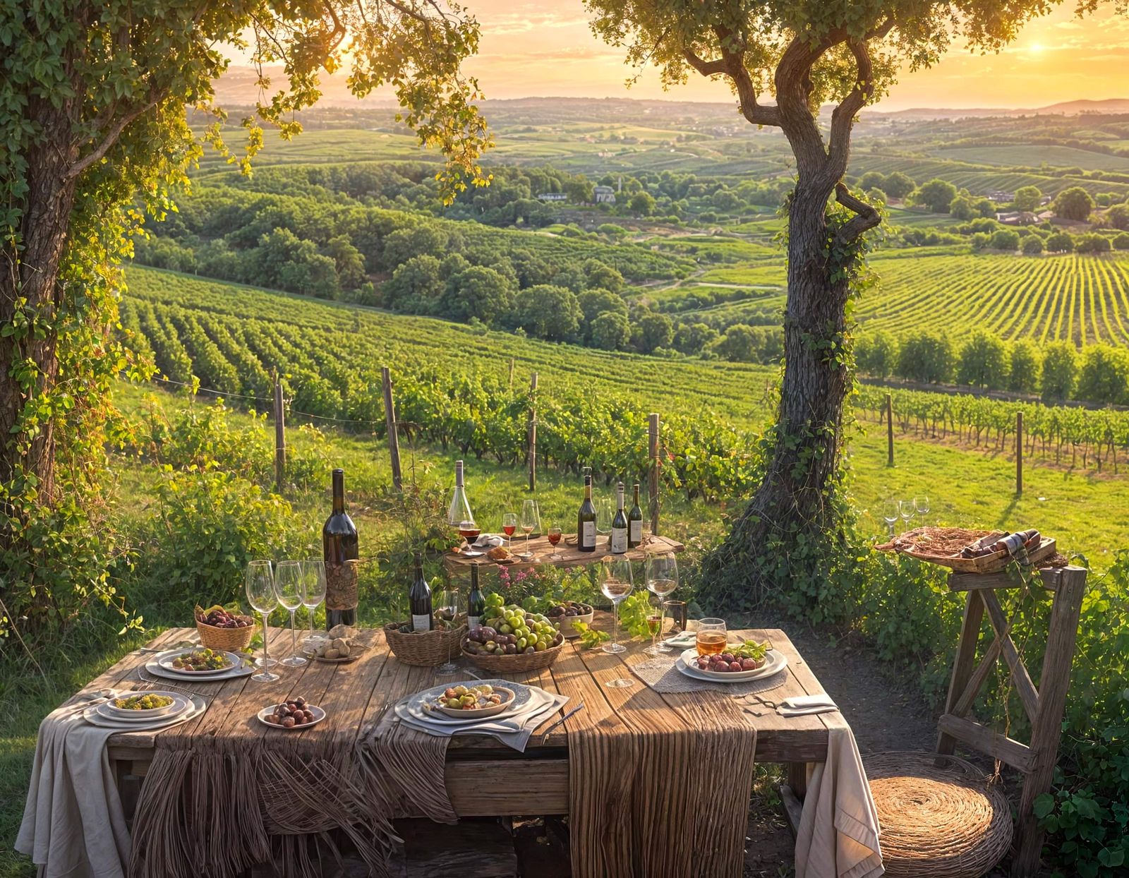 Vineyard Scene with Wine and Grapevines in Sunset