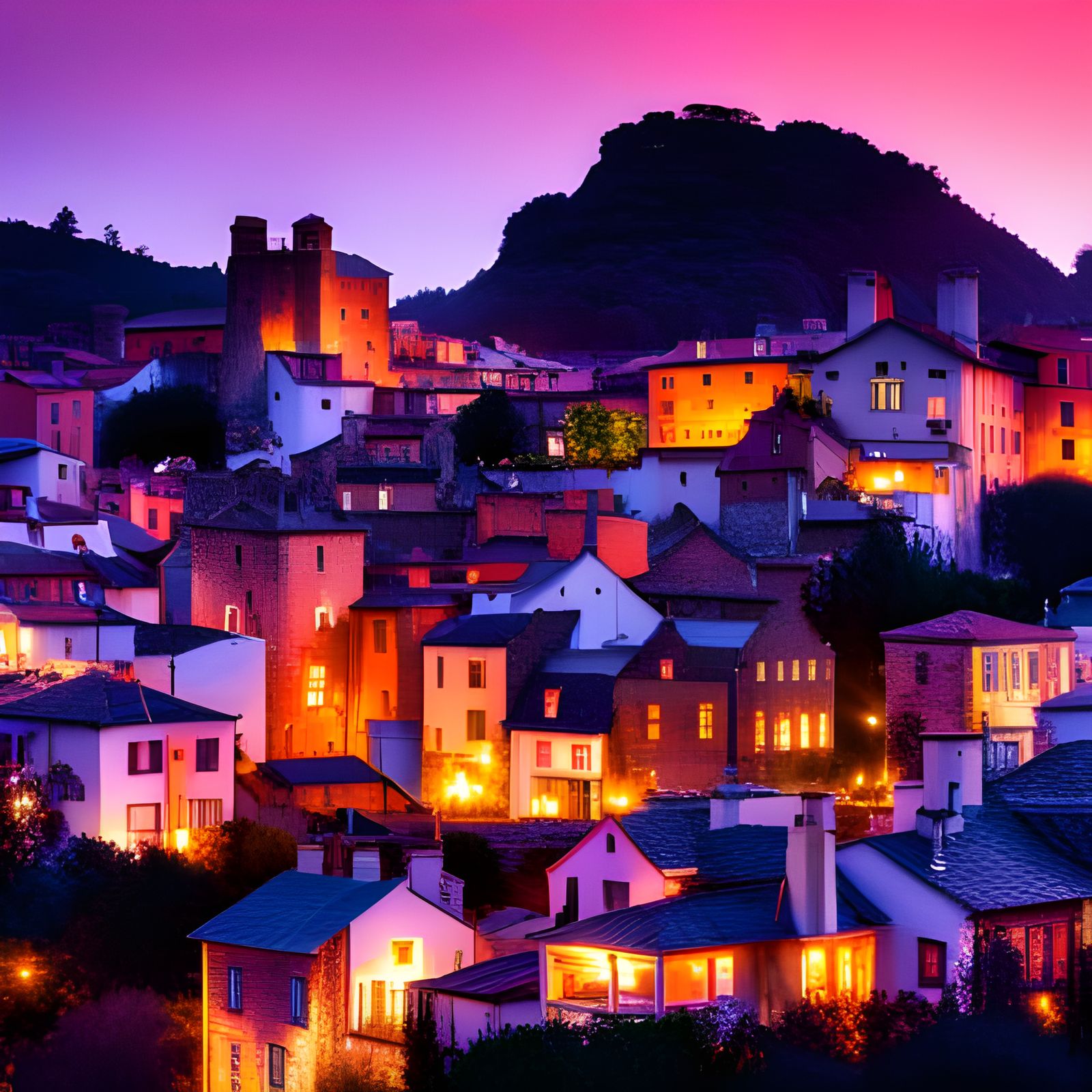 Mediterranean Seaside Village in Impressionistic Style