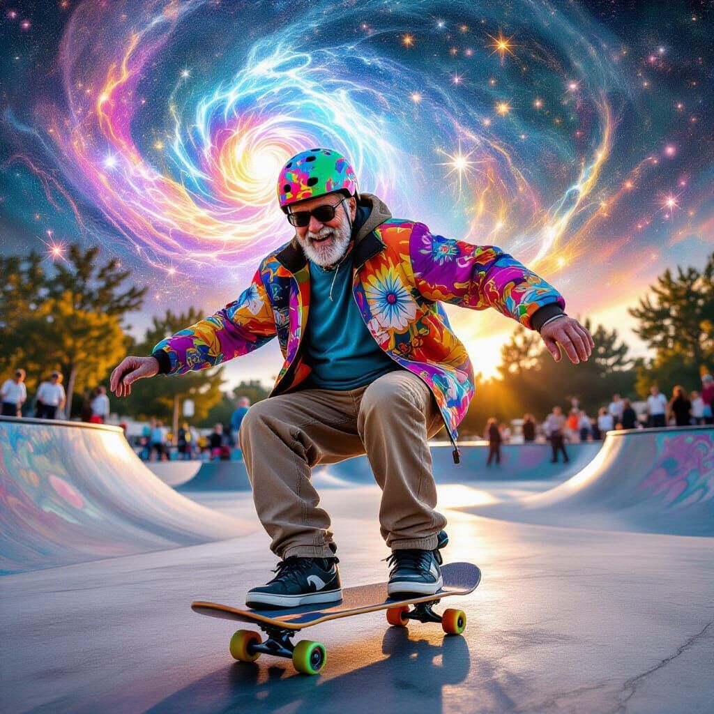 Elderly Man Skateboarding in Pablo Amaringo Style