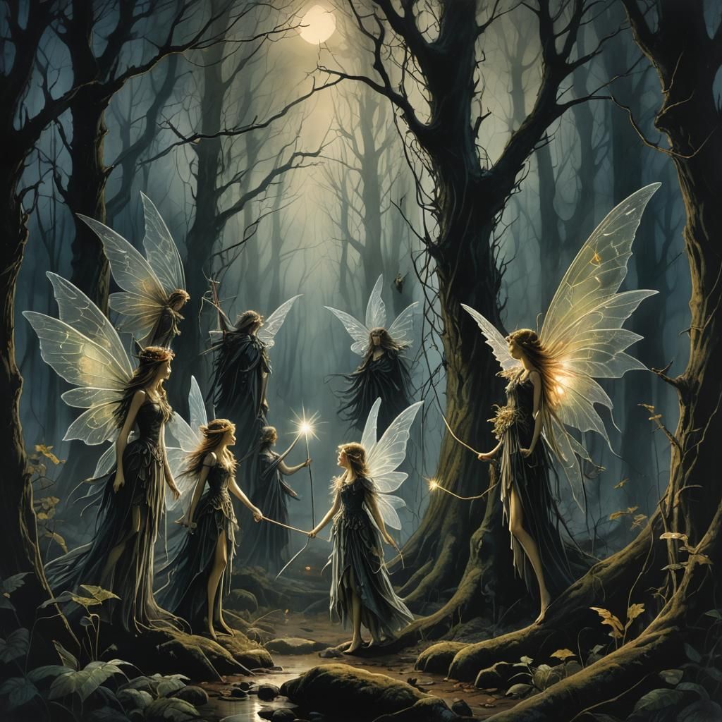 Ethereal Fairies in Dark Mystical Forest
