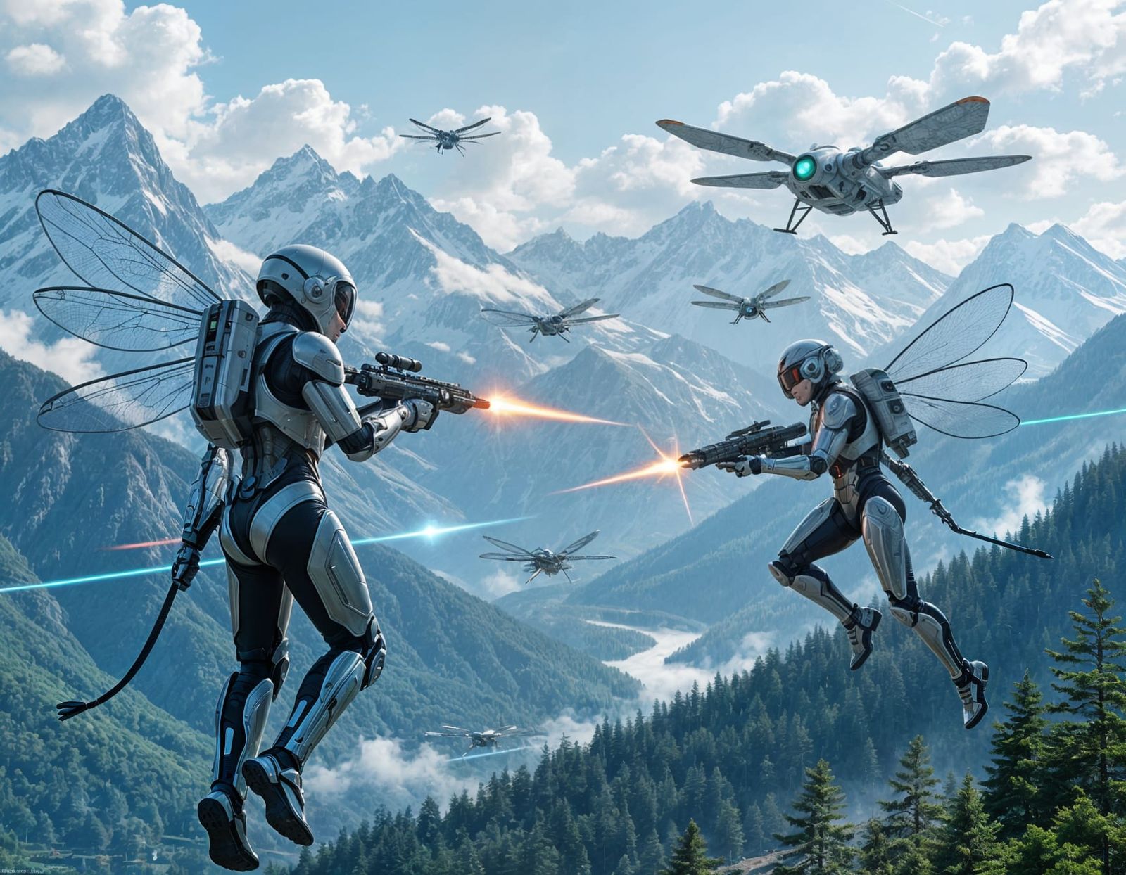 Futuristic Bionic Soldiers in Dragonfly Aircraft