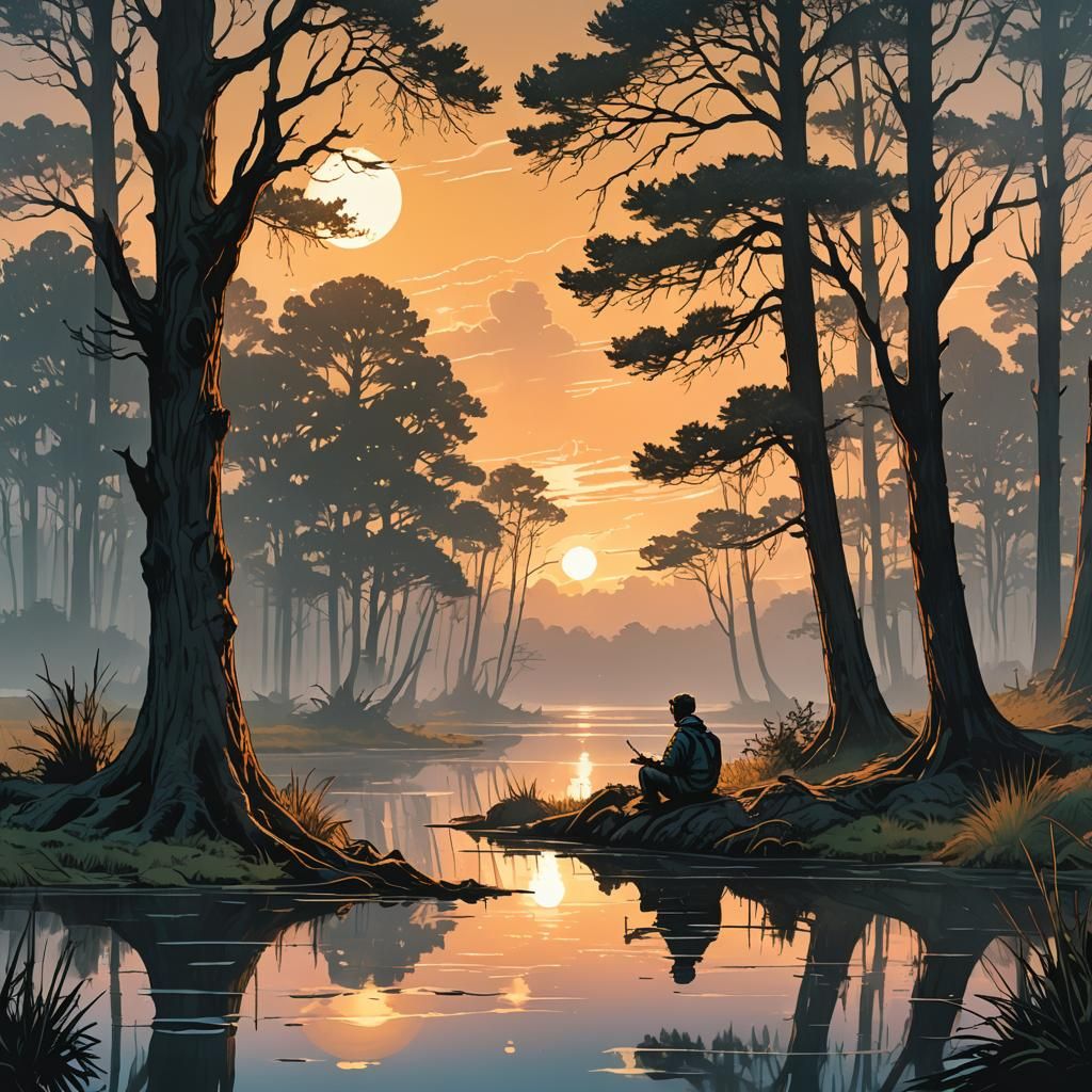 Dreamy Comic Book Traveler at Dusk Marsh